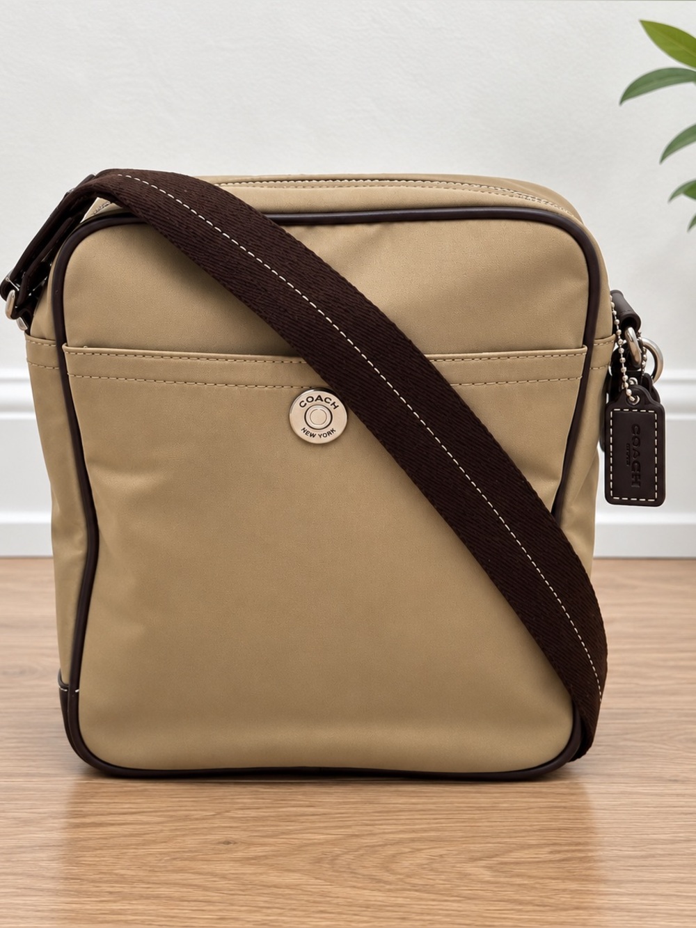 Coach Khaki Nylon Brown Leather Trim Crossbody Messenger Bag